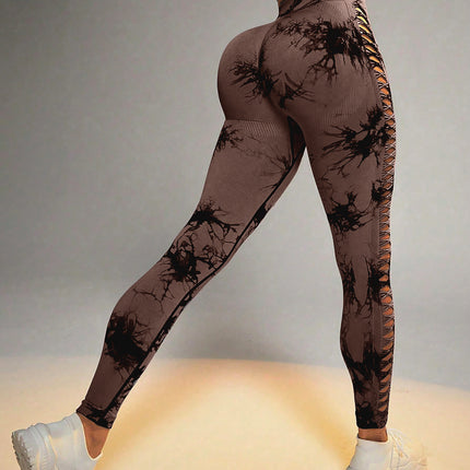 Cut Out Side Hollow Tie Dyed Yoga Pants, High Waist And Hip Lifting Fitness Pants With Side Hollow Seamless Sports Tights, Workout Gym Yoga Pants Scrunch Butt Lift Tights