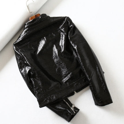 Black Bright Leather PU Short Motorcycle Leather Jacket Women's Jacket