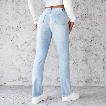 Women's Straight Leg Slim Fit Jeans, Fashionable And Simple Light Blue Pants