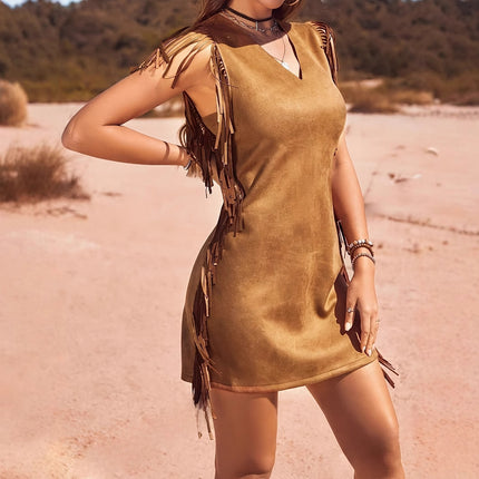 Women's Casual Vacation Bohemian Style Side Fringe Design V-neck Dress