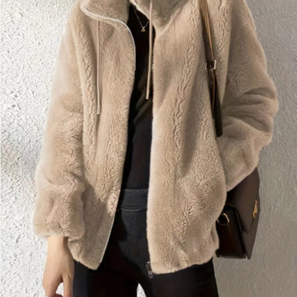 Drawstring Teddy Coat Casual Zip Up Long Sleeve Warm Outerwear Women's Clothing