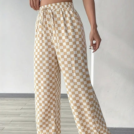 Ladies' Checkerboard Printed Drawstring High Waisted Wide Leg Pants