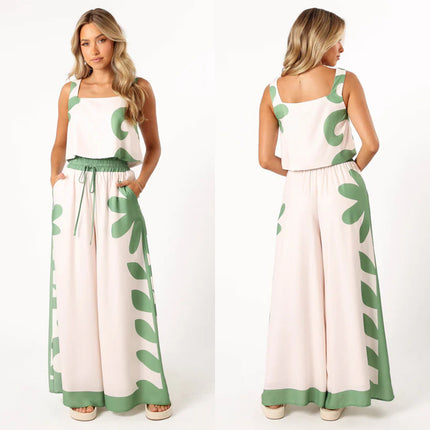 Women's Printed Elastic Waist Wide Leg Two-piece Set
