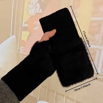 Plush Spliced Knitted Gloves, Fashionable Solid Color Fingerless Gloves With Thumb Holes, Soft And Multi-functional Writing Gloves For Cold Protection In Autumn And Winter