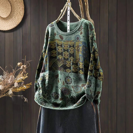 Women's Vintage Printed Cotton Knitted Sweater Round Neck