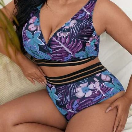 Plump Girls Plus Size V-neck Vest Type Plant Flower High Waist Bikini