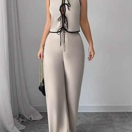 Shirt With Bow Tie Beige Wide Leg Pants Suit