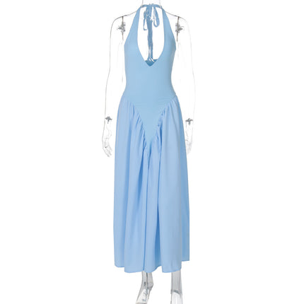 Hot New Sexy Solid Color Deep V Neck Hollow Out Halter Elegant Flared Hem Dress For Women