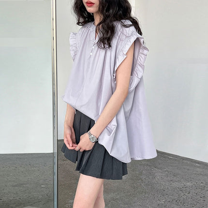 Casual Lace Ruffle Sleeve Shirt Top V-neck Buttons Pleated