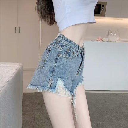 Micro Elastic High Waist Slimming Holes Frayed Vintage Denim Shorts