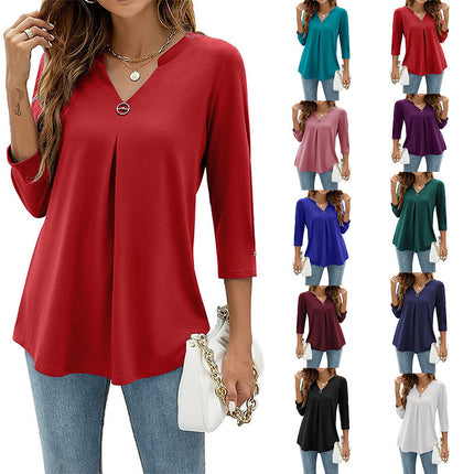 Casual And Comfortable Solid Color And V-neck Clinch Loose Three-quarter-length-sleeved T-shirt Top For Women