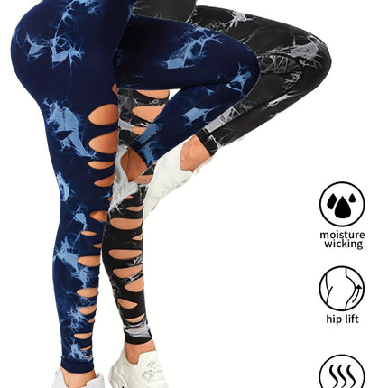 2 Pack Hollow Sexy High Elastic Women's Tie Dye Cutout Tights High Waist Workout Yoga Leggings, Scrunch Butt Lifting Elastic Pants, Tummy Control Butt Lifting Workout Yoga Athletic Pants