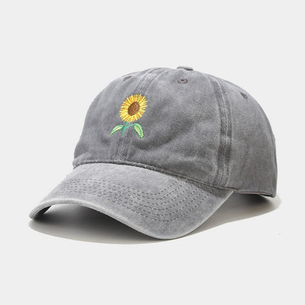 Washed-out Vintage SUNFLOWER Embroidered Peaked Cap Outdoor Travel