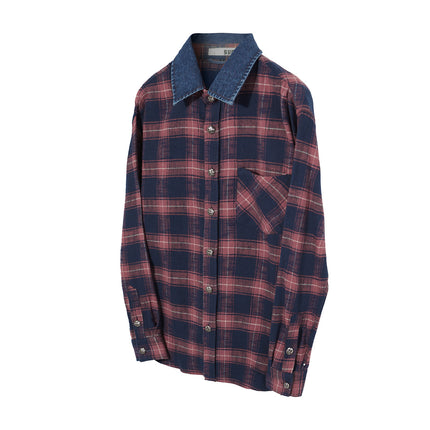 Men's Vintage Cross Button Denim Spliced Plaid Blouse Coat