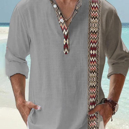 Thin Casual Digital Bamboo Linen Hawaiian Long Sleeve Shirt