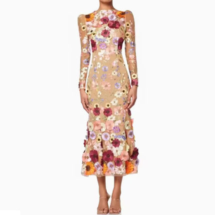 Colorful Three-dimensional Flower Embroidery Mesh Slim Fit Sheath Fishtail Dress