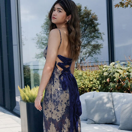 Fashion Dyed Printing Stitching Hollow Back Strap Elegant Style Long Dress Women