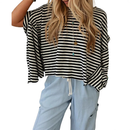 Round Neck Short Sleeve Pullover All-matching Striped Printed T-shirt