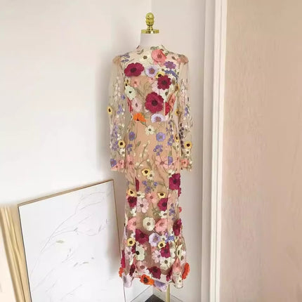 Colorful Three-dimensional Flower Embroidery Mesh Slim Fit Sheath Fishtail Dress