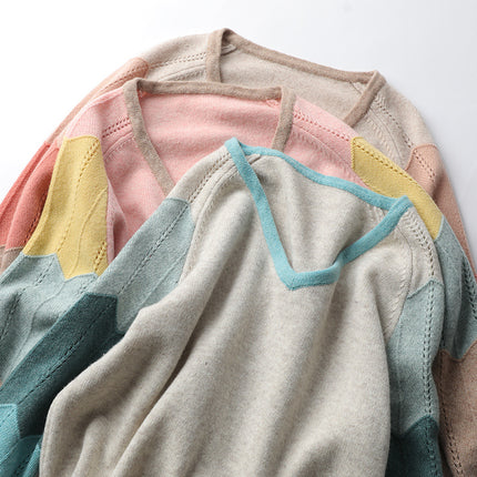 Contrast Color Woolen Sweater Women V-neck Pullover Patchwork Color Thermal Knitting Sweater Women