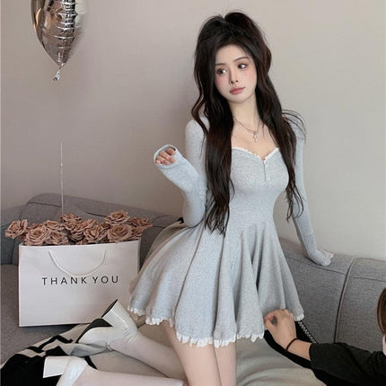 Pure Desire Puffy Sexy Lace Dress Women's New Elegant Slim Cinched Pleated A- Line Skirt