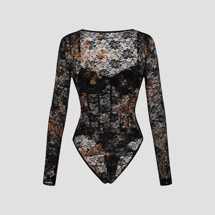 European And American Autumn Winter Retro Dignified Flowers Lace Steel Ring Sheer Long Sleeve