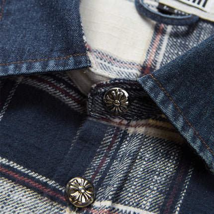 Men's Vintage Cross Button Denim Spliced Plaid Blouse Coat
