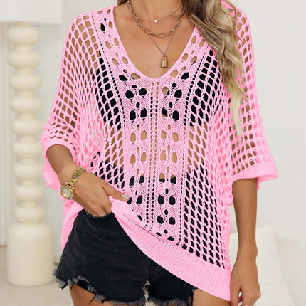 Women's Sexy Cutout Woven Shirt Batwing Sleeve Loose Casual Top Bikini Cover-up Blouse