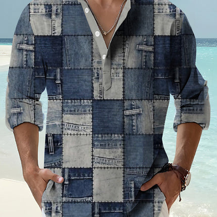 Thin Casual Digital Bamboo Linen Hawaiian Long Sleeve Shirt