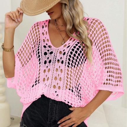 Women's Sexy Cutout Woven Shirt Batwing Sleeve Loose Casual Top Bikini Cover-up Blouse
