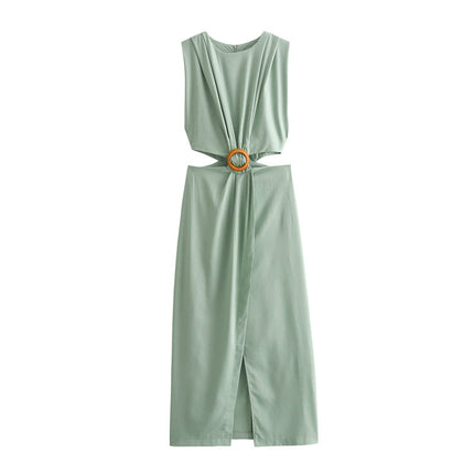 Round Neck Sleeveless Shoulder Pleated Opening Ornament Dress