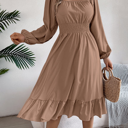 Casual Solid Color Square Collar Long Sleeve Waist Trimming Ruffles A- Line Skirt