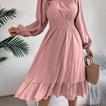Casual Solid Color Square Collar Long Sleeve Waist Trimming Ruffles A- Line Skirt