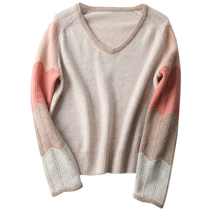 Contrast Color Woolen Sweater Women V-neck Pullover Patchwork Color Thermal Knitting Sweater Women