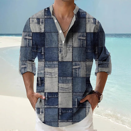 Thin Casual Digital Bamboo Linen Hawaiian Long Sleeve Shirt