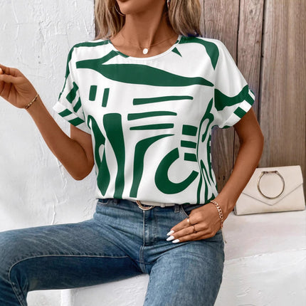 Batwing Sleeve Round Neck Geometric Printed Shirt For Women