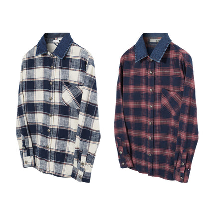 Men's Vintage Cross Button Denim Spliced Plaid Blouse Coat