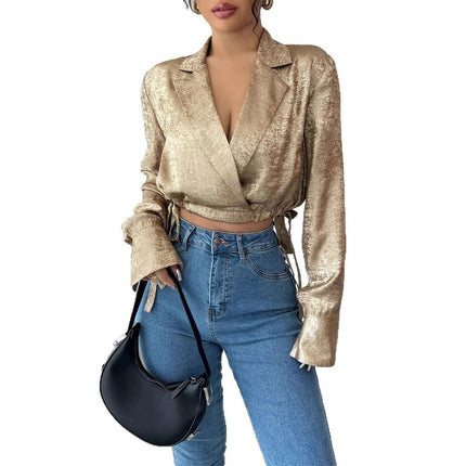 Graceful And Fashionable Casual Suit Collar Long Sleeve Drawstring Top