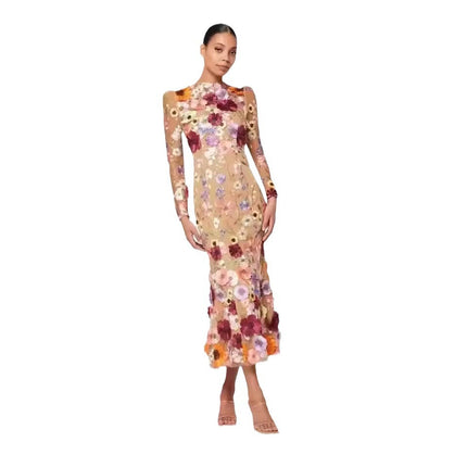 Colorful Three-dimensional Flower Embroidery Mesh Slim Fit Sheath Fishtail Dress