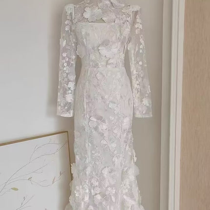 Colorful Three-dimensional Flower Embroidery Mesh Slim Fit Sheath Fishtail Dress