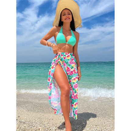 Sexy Split Swimsuit Swimming Suit High Slit Printed Three-piece Set