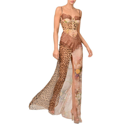 Sexy Women's Spaghetti-strap Floral Print Patchwork Long Dress