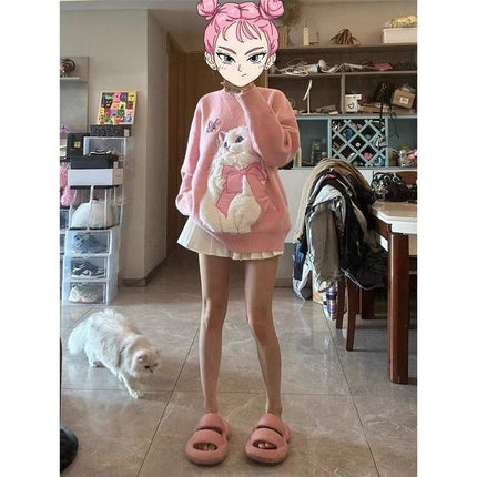 Autumn And Winter Thickening Sweater Dopamine Wear Salt Cute Flocking Cat Design Sweet Girl Style