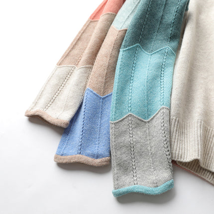 Contrast Color Woolen Sweater Women V-neck Pullover Patchwork Color Thermal Knitting Sweater Women
