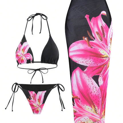 New Printed Swimsuit Bikini Slim Wrap Skirt Three-piece Set For Women
