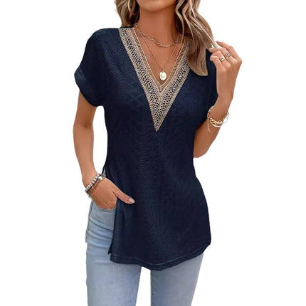 Lace Stitching Batwing Sleeve Slit Hemline At Hem T-shirt