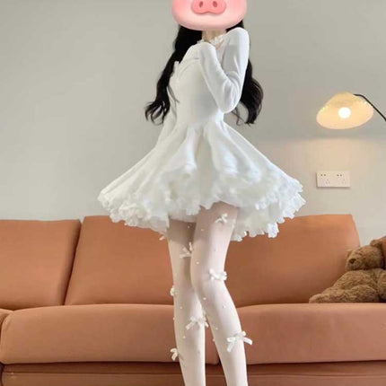 Pure Desire Puffy Sexy Lace Dress Women's New Elegant Slim Cinched Pleated A- Line Skirt