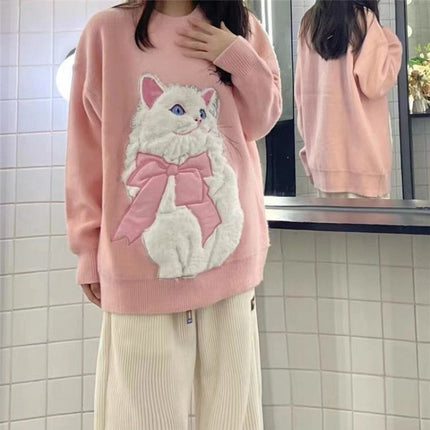 Autumn And Winter Thickening Sweater Dopamine Wear Salt Cute Flocking Cat Design Sweet Girl Style