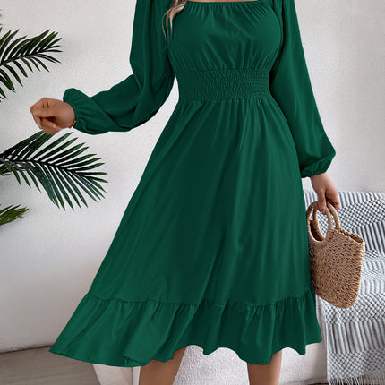 Casual Solid Color Square Collar Long Sleeve Waist Trimming Ruffles A- Line Skirt