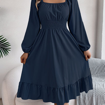 Casual Solid Color Square Collar Long Sleeve Waist Trimming Ruffles A- Line Skirt